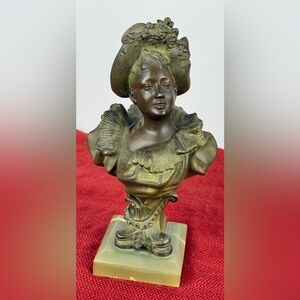 Bust Elegant Lady Bronze Statue on Marble Base Antique Classic Decor Art